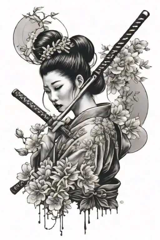 Geisha Holding Katana And Behind Is Some Japan Flowers