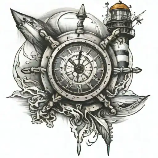 Ship Wheel With Clock Inside With Light House Behind