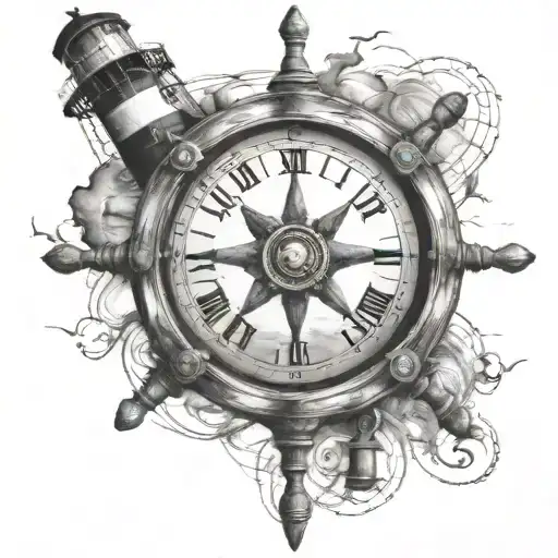 Ship Wheel With Clock Inside With Light House Behind