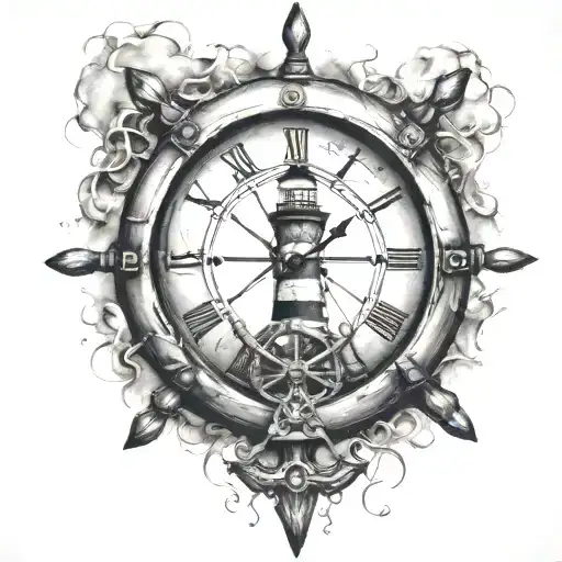 Ship Wheel With Clock Inside With Light House Behind