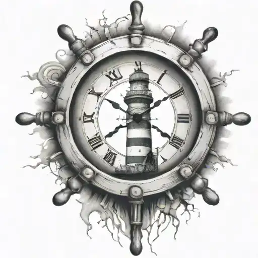 Ship Wheel With Clock Inside With Light House Behind