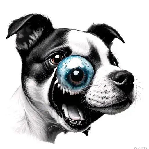 Black And White Puppy Head With An Biting An Eyeball In His Mouth Wide Open