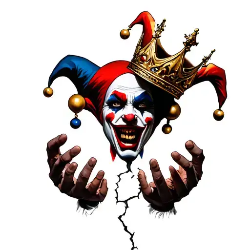 An Evil Jester Holds A Broken Crown In His Hands Reaching