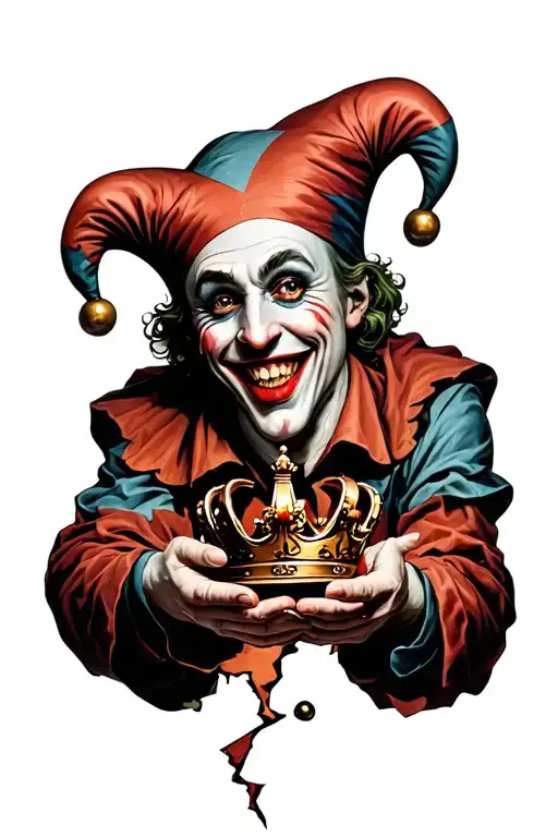 Smiling Jester Holding A Broken Crown In His Hands