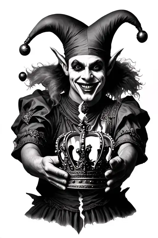 Smiling Cunning Jester Holding A Broken Crown In His Hands