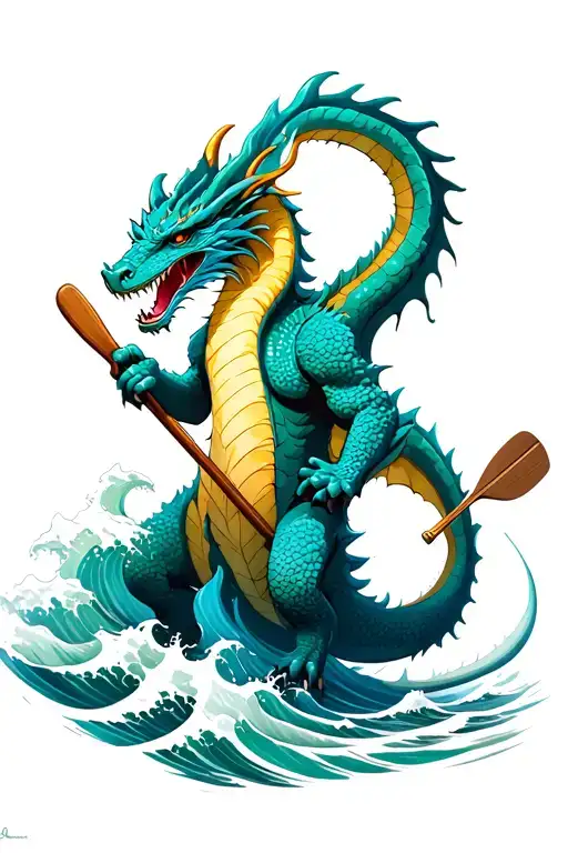 Dragon Holding A Paddle Surrounded By Waves Crashing