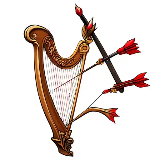 Harp Shaped Hunting Bow With Heart Tipped Arrows