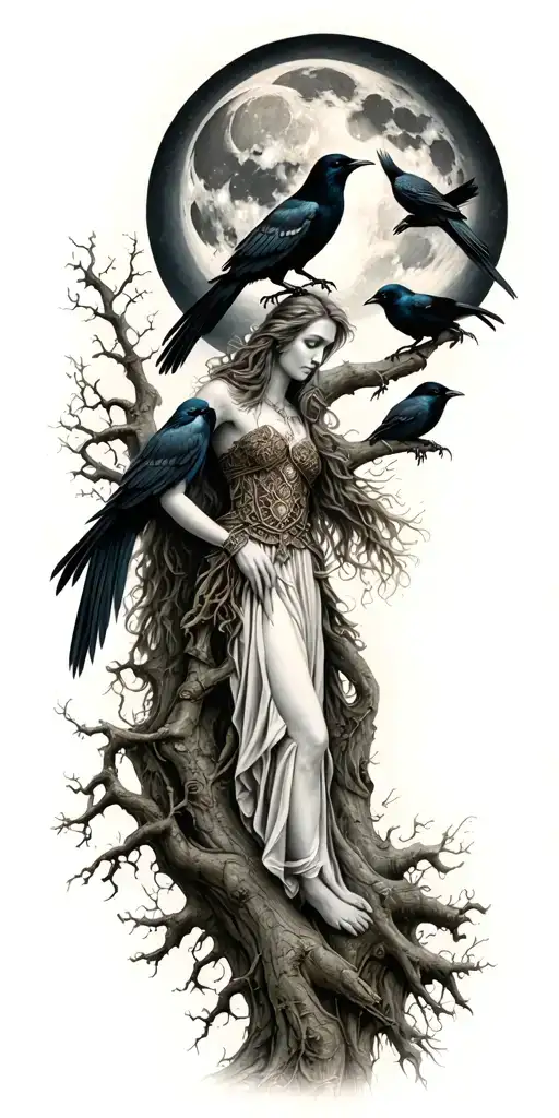 The Morrigan Irish Goddess With Crows An Old Oak Tree Growing And Bright Moonlight