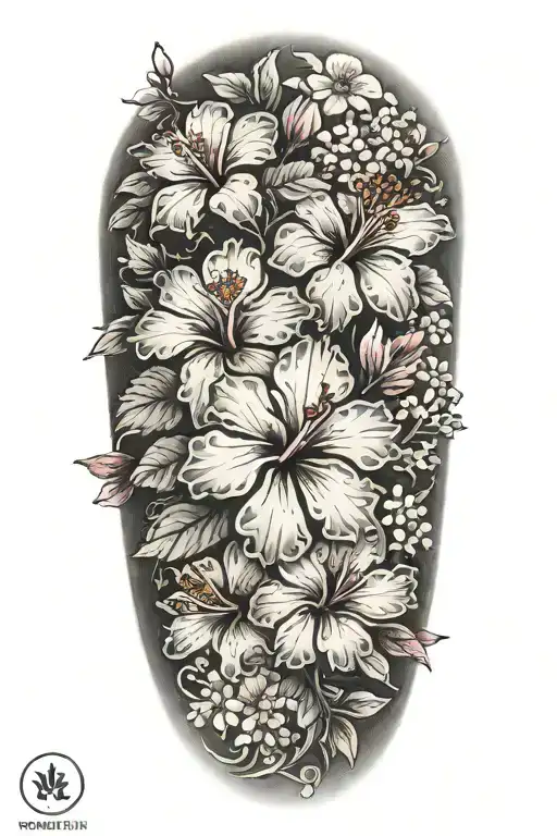 Wrist To Elbow Sleeve With Hibiscus Flowers And Lots Of Cherry Blossoms