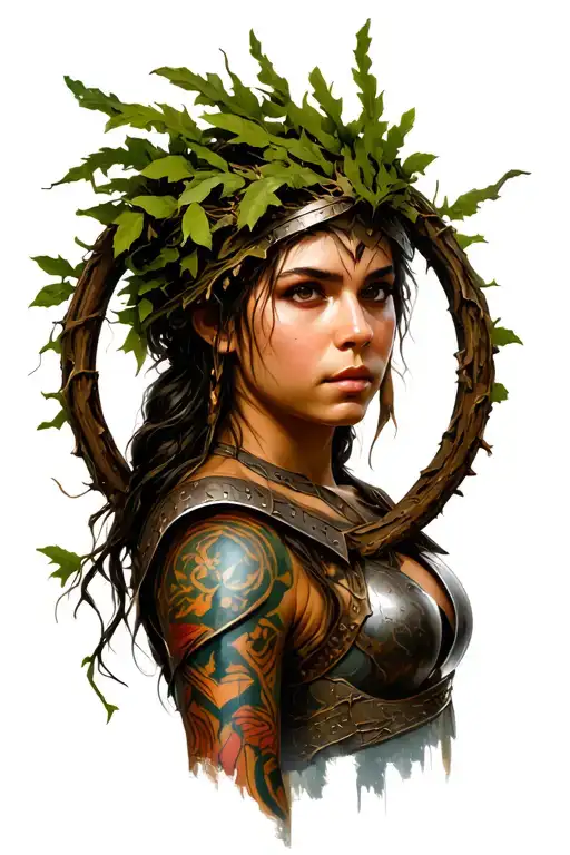 Strong Female Warrior Looking Slightly To The Right Wearing Circlet Made Of Vines And Branches