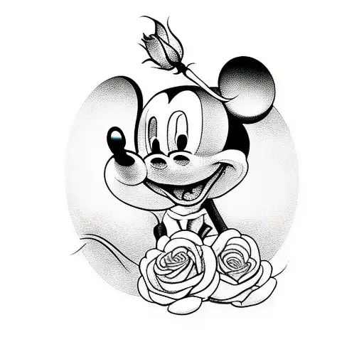 A Realistic Portrait Of Mickey Mouse With A Rose Flower Crown