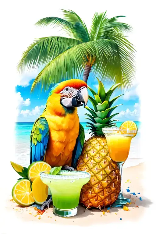 Key West Beach With Parrot And Pineapple And Margaritas