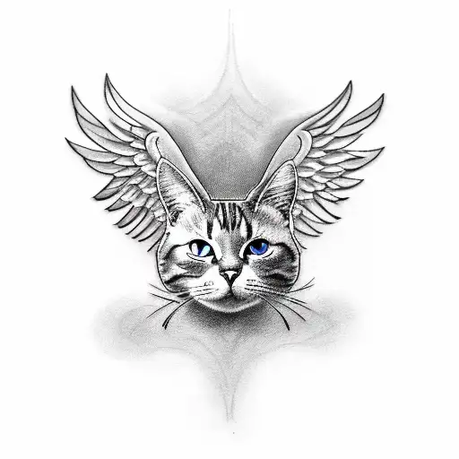 Simple Black Line Tattoo Of A Cat With Angel Wings