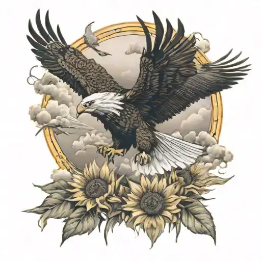 A Fierce Eagle Soaring Through The Sky With A Background Of Sunflowers And Fighter Jets