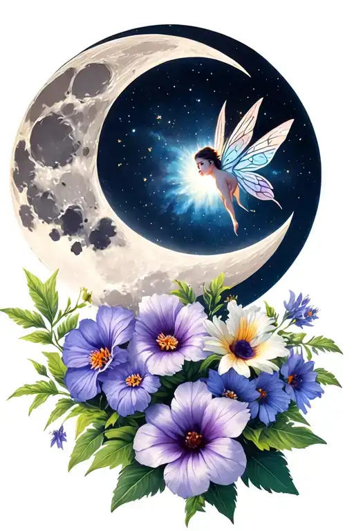 Waxing Gibbous Moon With A Baby Fairy And Aster And Morning Glory Flowers