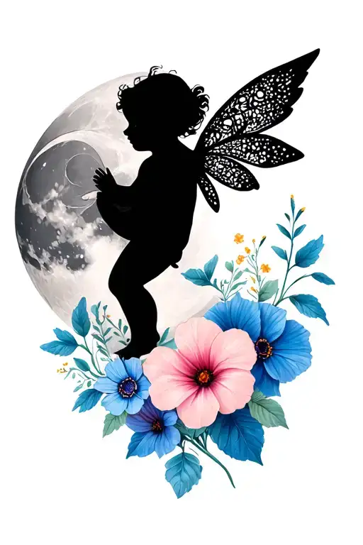 Waxing Gibbous Moon With A Cherub Little Baby Fairy Silhouette And Aster And Morning Glory Flowers