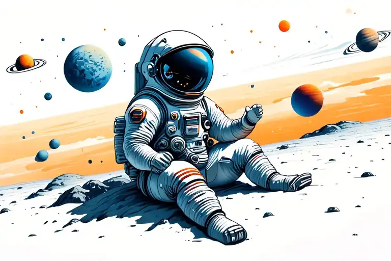 Astronaut Sitting On Alien Planet Overlooking Sky Filled With Planets And Stars