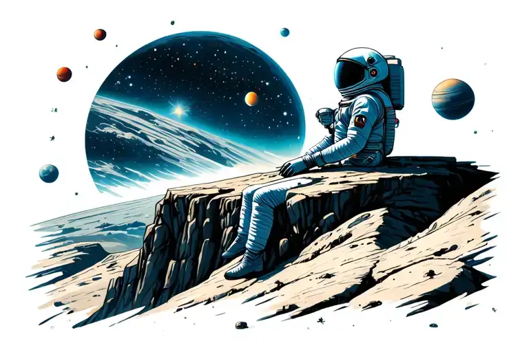 Astronaut Sitting On Alien Planet Cliff Overlooking Sky Filled With Planets And Stars