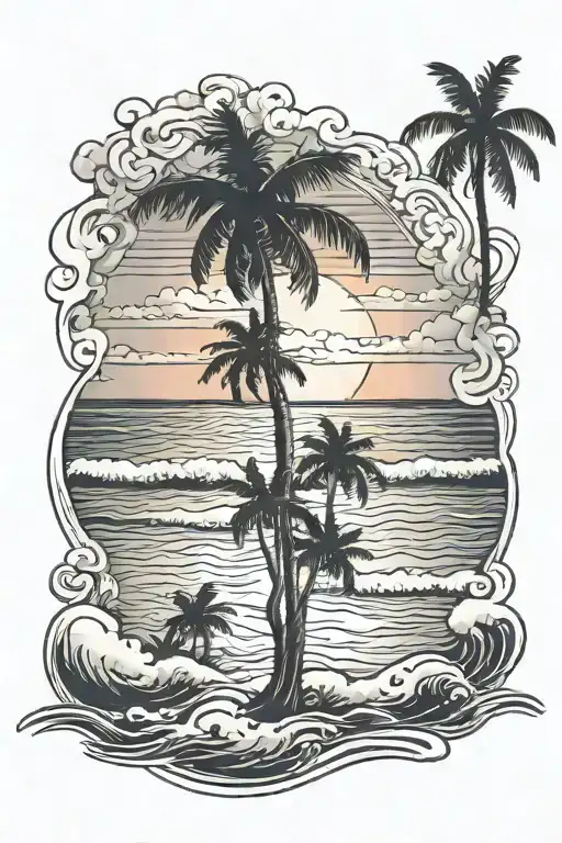 Beach With Ocean Waves And Trees And Sunset Sky