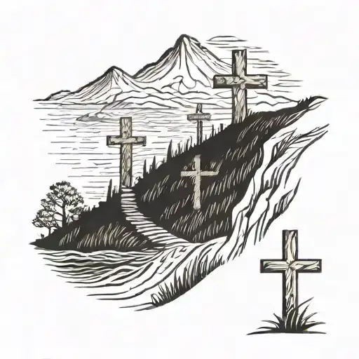 Simple 3 Cross Tatoo On Hill With Tair Way Leading To It