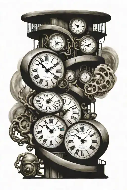 Medussa With Clocks And Staircase Circling