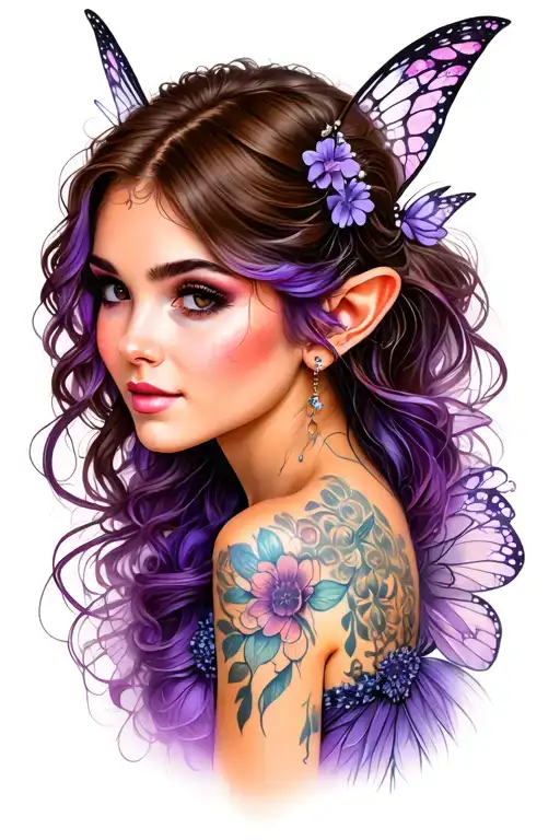 Fairy Tattoo Pinup With Brown Hair With Purple Highlights In The Hair But Regular Human Ears