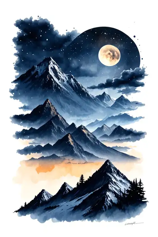 Mountain Scene With Watercolor Night Sky