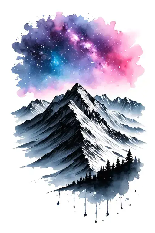 Black And White Mountain Scene With Pink Purple And Blue Watercolor Night Sky With Stars