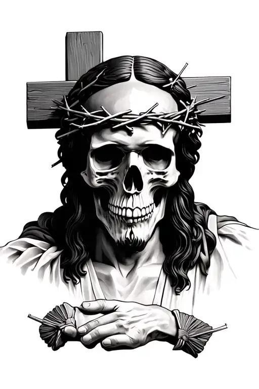 I Want A Mao Skull Passing To Jesus Holding The Cross With Your Eyes Closed With The Crown Of Thorns