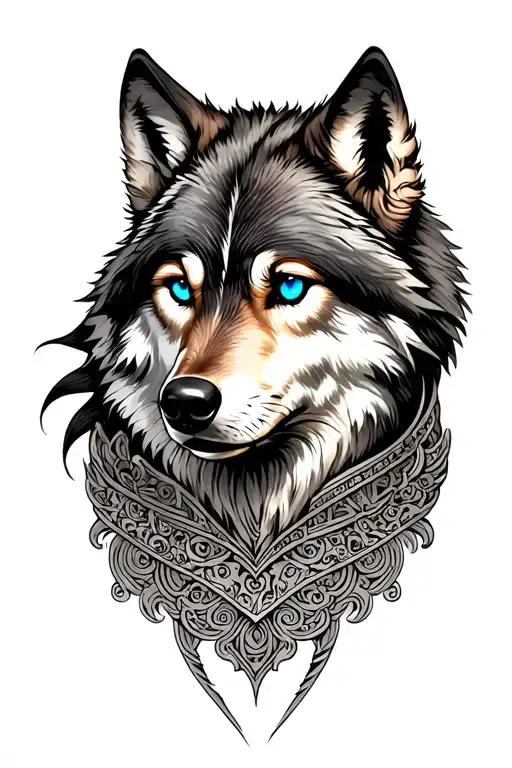 Wolf With Blue Eyes On Armor Tattoo Design Featuring Turkish Motifs