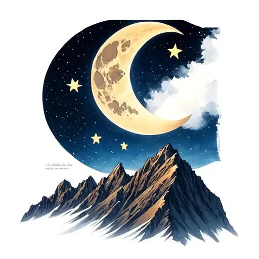 Mounatins With Moon And Three Stars Representing