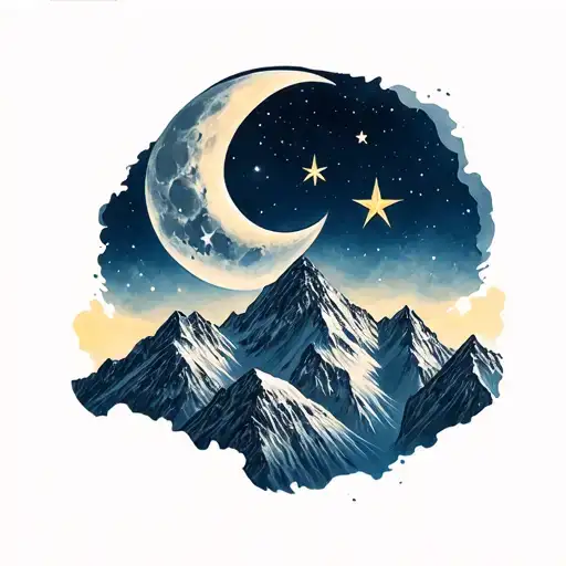 Mounatins With Moon And Three Stars