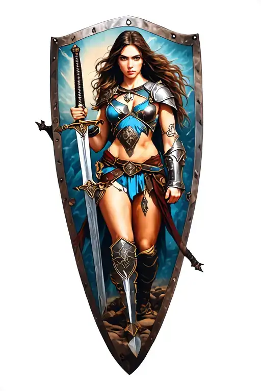 Warrior Woman Holding Shield And A Sword Piercing Ground