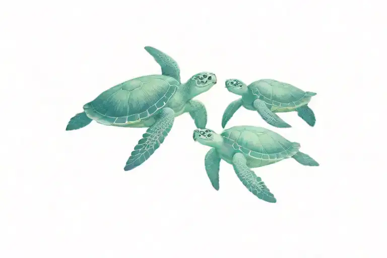 Family Of 3 Sea Turtle Swimming