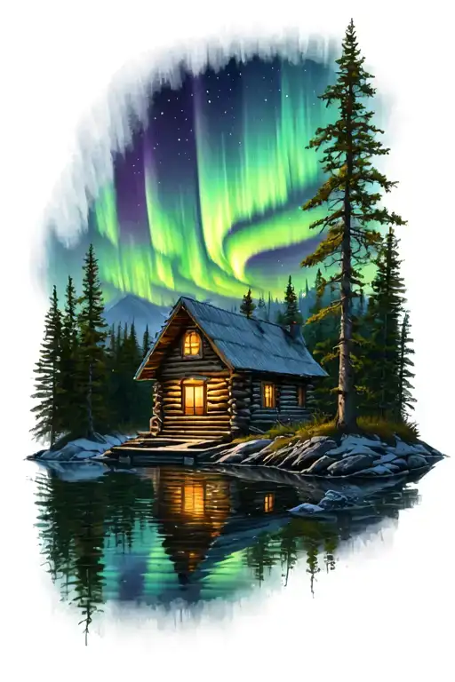 Cabin On A Lake In The Forest With Northern Lights