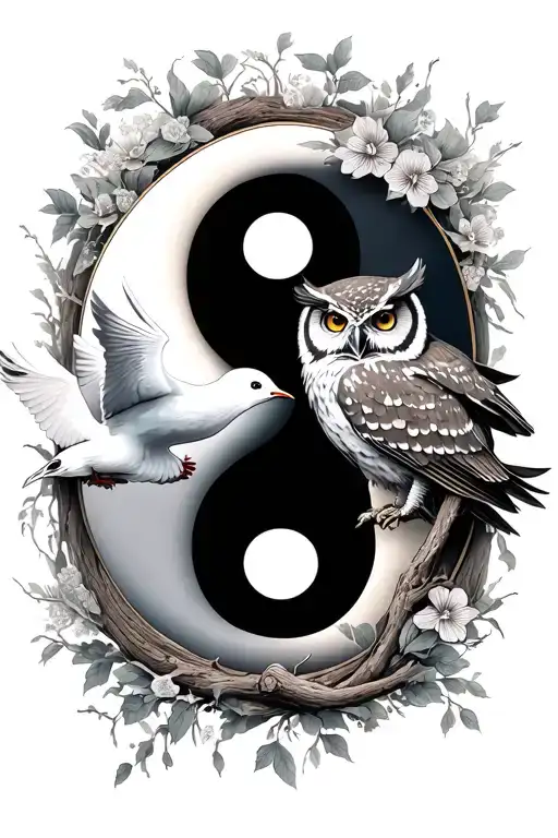 Yin Yang Symbol With Dove And Owl Element Symbol Integrated