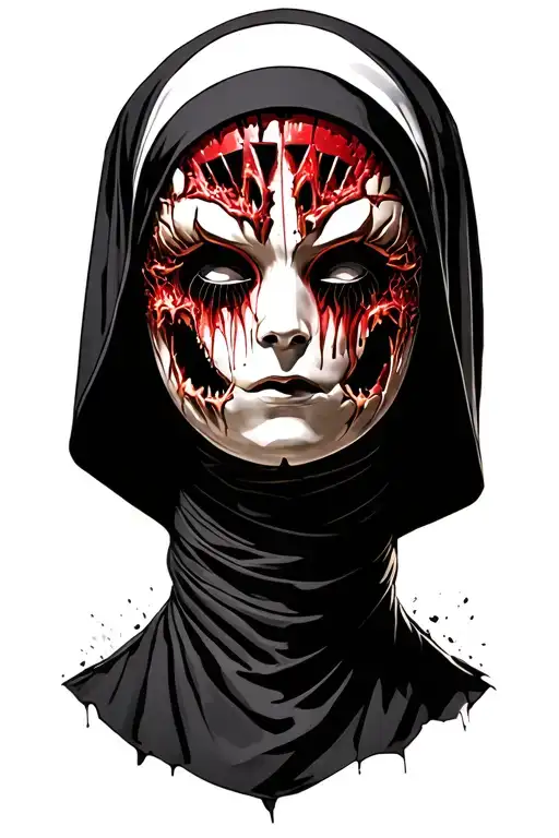 Demonic Nun Head With Shattered Theatre Masks On Top