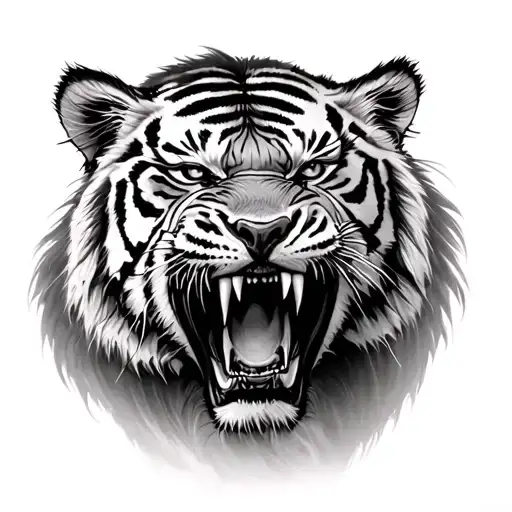 Realistic Tattoo Of A Hairy Tiger With Anger And Showing The Teeth Out
