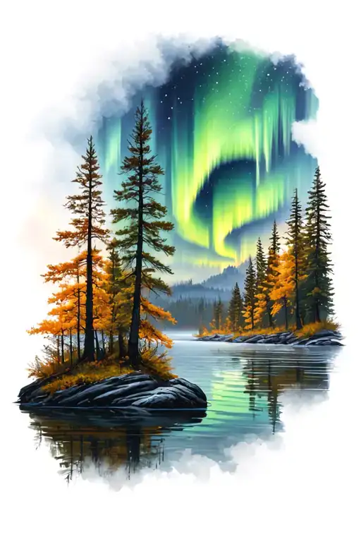 Boreal Forest In Fall Northern Lights Reflecting Off Lake