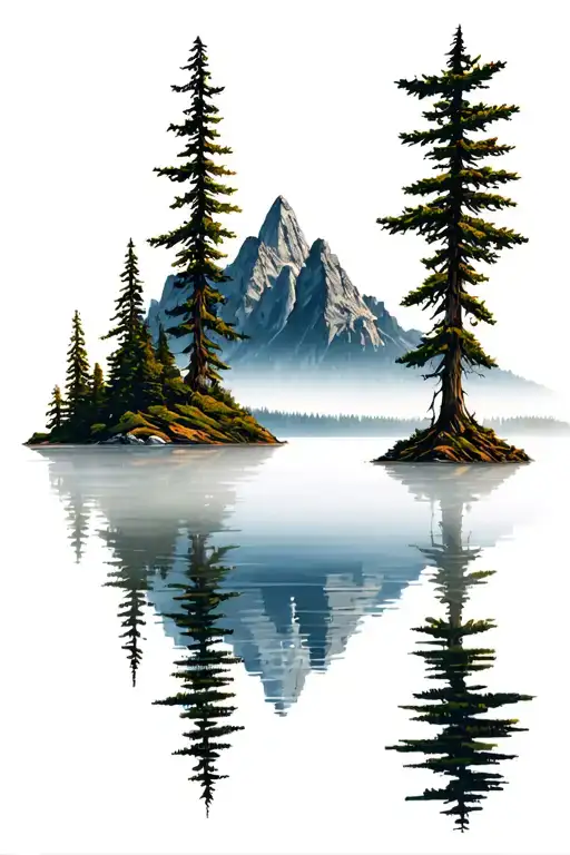 Treen Line Reflecting Off Lake With Mountains