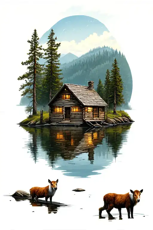 Cabin On The Lake Surrounded By Forest And Animals