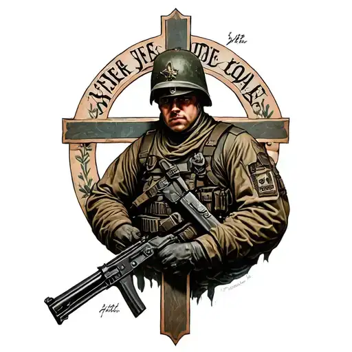 Soldier Knellibg Before A Cross Surrounded