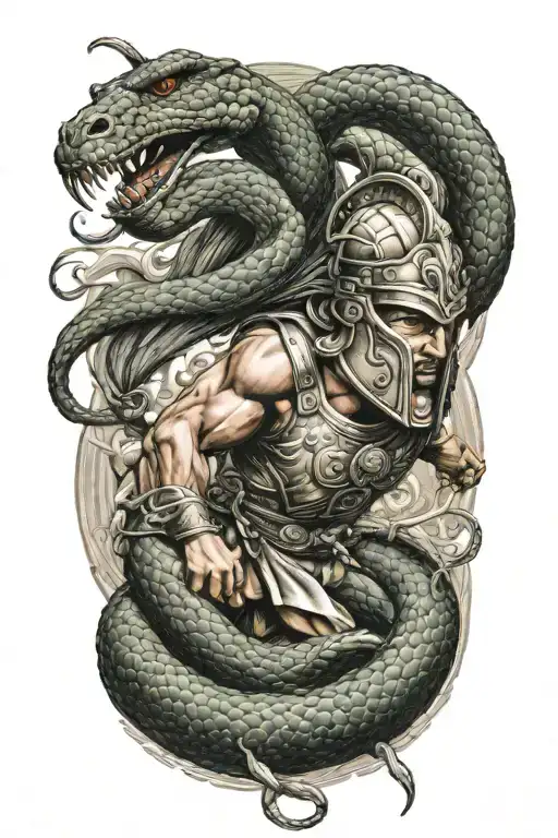 Greek Warrior Fighting A Snake