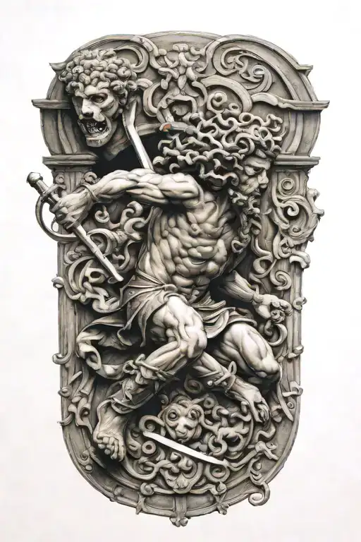 Greek Warrior Fighting Medusa Head