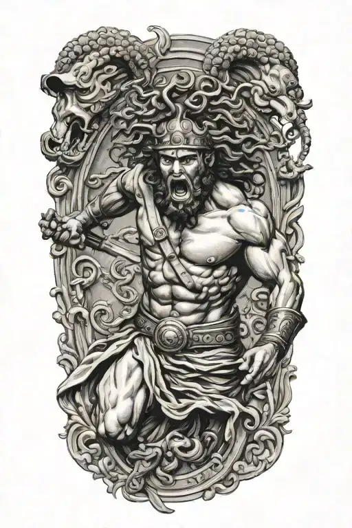 Greek Warrior Fighting Medusa Head