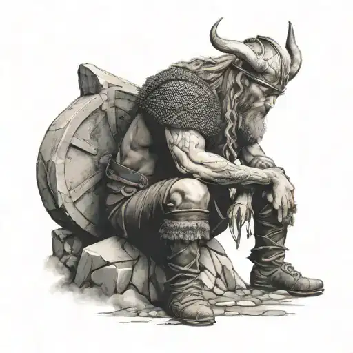 Sad Viking Sitting Alone On A Stone Without Helmet