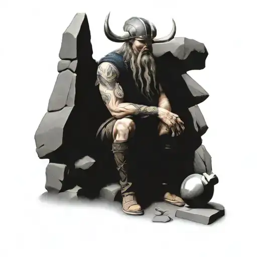 Sad Viking Without Helmet Sitting Alone On A Stone Without Helmet