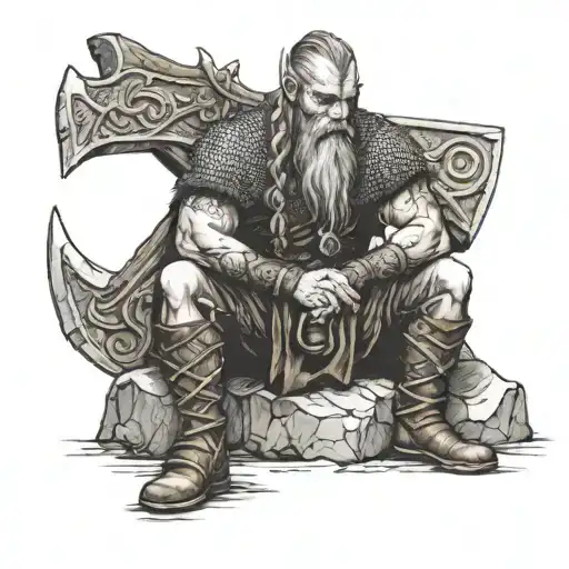 Sad Viking Without Helmet Sitting Alone On A Stone Without Helmet