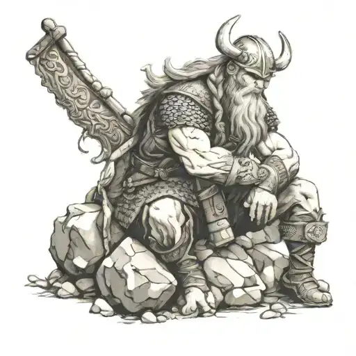 Sad Viking Without Helmet Sitting Alone On A Stone Without Helmet