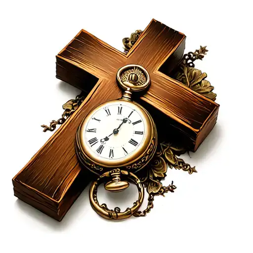 Old Wooden Cross With Dark Back Ground And Pocket Watch